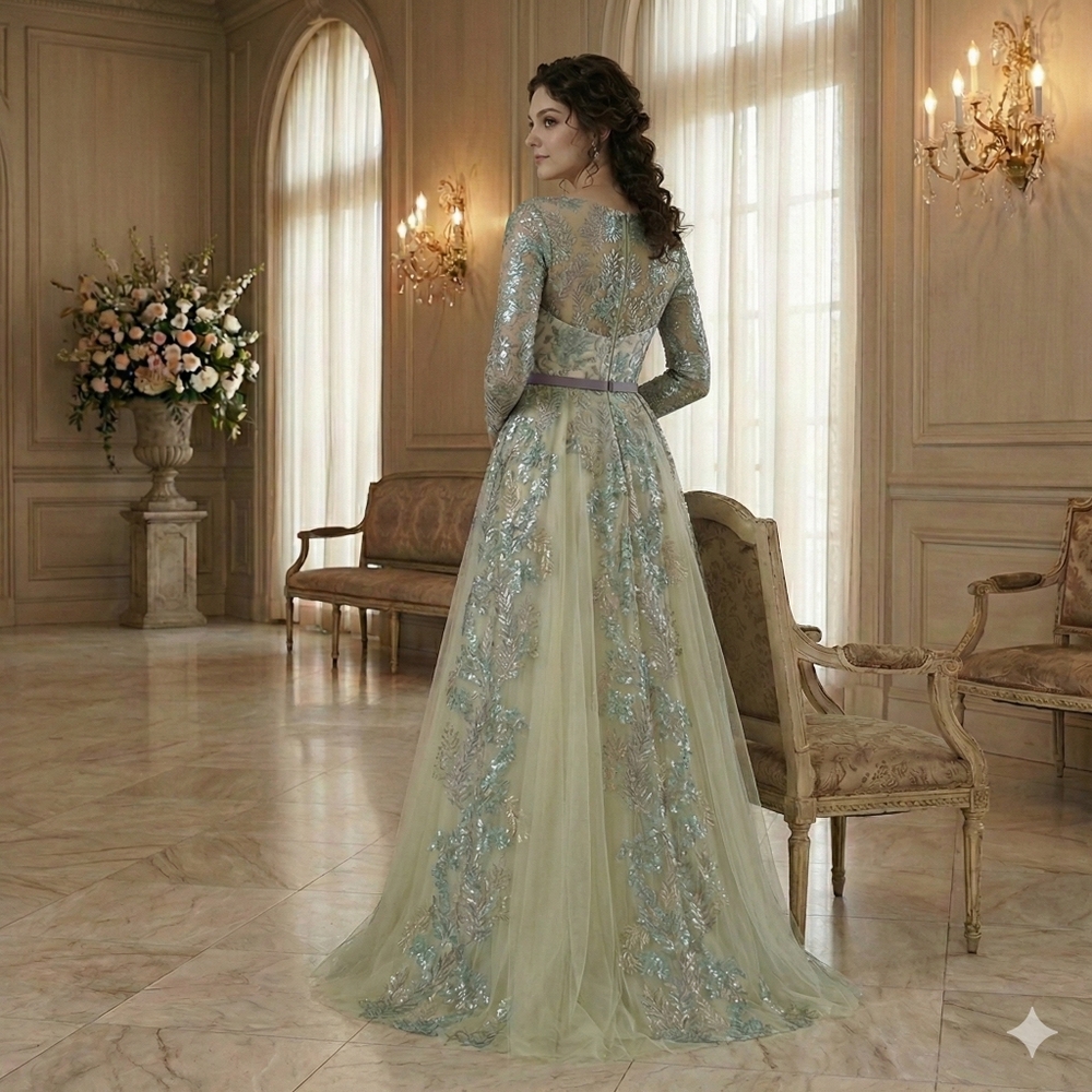 NWT Size 4 Rina diMontella Aqua & Multi Embroidered Botanical Gown - Picture 4 of 14